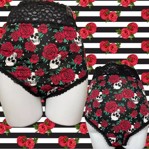 Torrid +6 Red Rose Skull Black Scallop Lace Waistband Mid-Rise Cheeky Panties - Picture 1 of 6